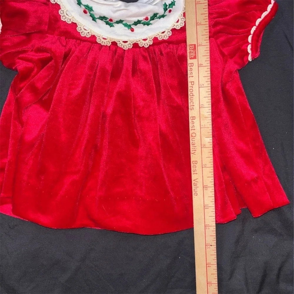 Vintage Baby Girl Christmas Dress Red Holly Embroidery 12M velvet Union Made USA